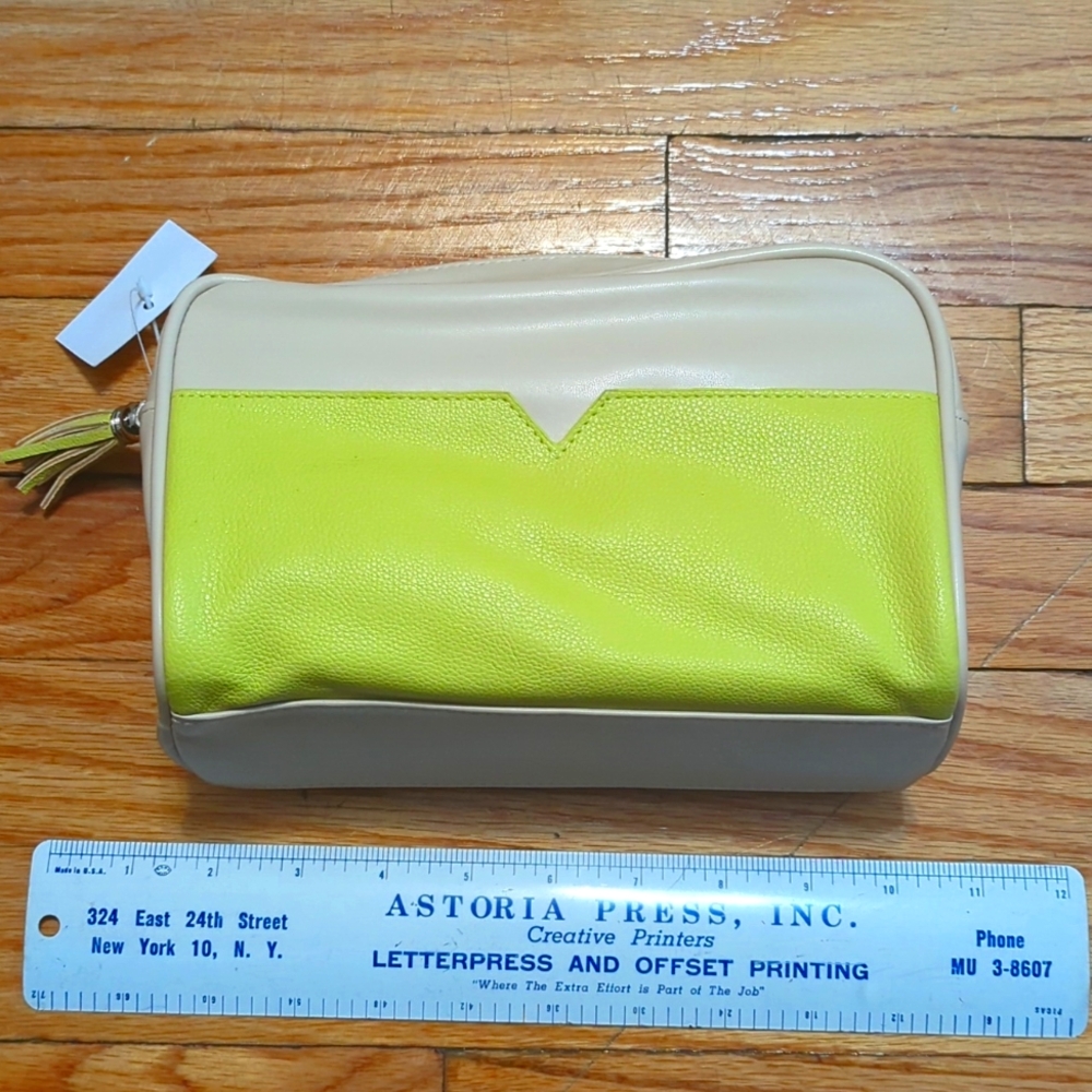 Coty cream faux leather & lime green detail cosmetic bag
